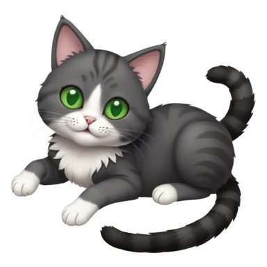 dark grey cat with green eyes, white toes/paws and white patch on her chest playfully rolling upside down sticker