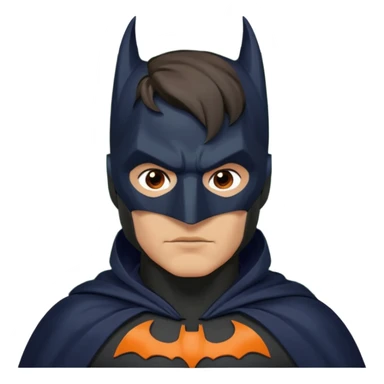 generate a batman emoji with just the face and neck showing and part of the cloak and and wings. Shade the bat logo on the chest in a medium green with a slight olive touch. Shade the mask in dark navy blue. Shade the cloak in a solid vibrant orange.

 sticker