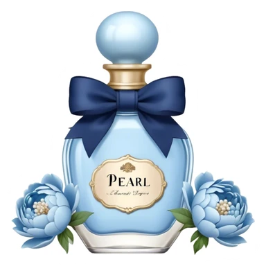 pearl blue vintage style perfume bottle and navy colored peonies and a powder blue bow sticker