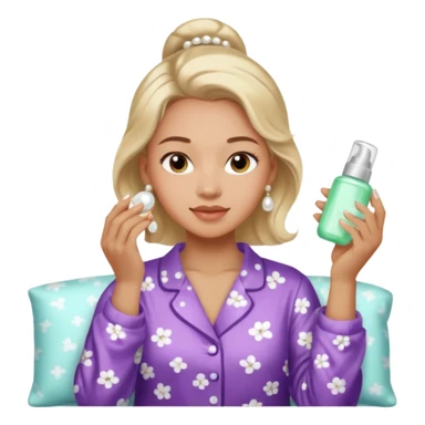 Clean girl aesthetic emoticons, apply skincare products, pearl earrings, glowing skin, pajamas, soft lighting sticker