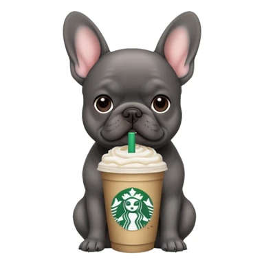 dark grey french bulldog with starbucks drink sticker