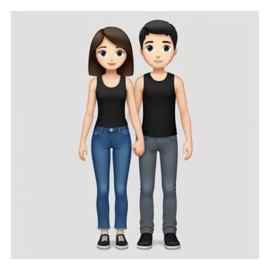 A girl with long brown hair holding the hand of a boy with short black hair, she wearing a black tank top with flared blue jeans, he wearing a black t-shirt with grey jeans, couple in love sticker