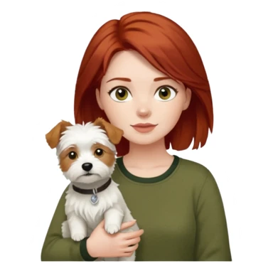 Westhighland white terrier dog being held by woman with dark shoulder length red hair and hazel eye wearing olive green top sticker