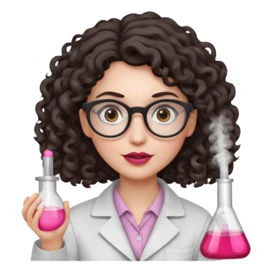 A crazy female scientist, with curly-wavy dark brown medium lenght hair, brown eyes and light grey glasses and pale skin and pinkish lips, dressed to look like an english teacher but in neutral tones like grey black white, maybe with the pop of dark red, with no girly colors,  sticker