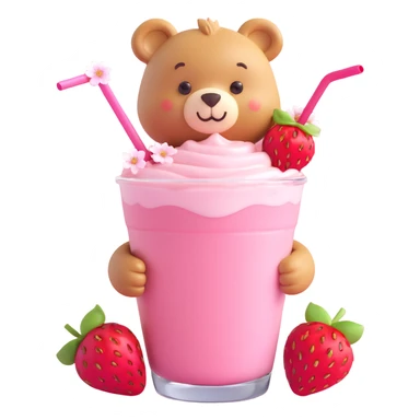 cute bear peeking from a strawberry milkshake cup with a straw, two strawberries, cherry blossom flowers, pastel colors, soft shadows, clean minimal aesthetic, 3D iOS style sticker