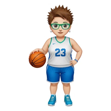 Full Body plus size white female basketball player with short medium brown hair with short spike hair wearing blue glasses 
With a pug wide nose wearing blue green uniform  green sneakers smiling wearing silver hoop earrings sticker