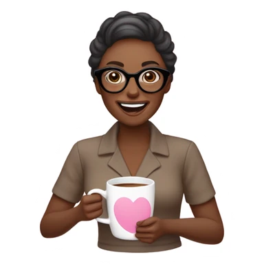 Una mujer con lentes color rosado claro y cabello castaño oscuro trabajando frente a una mac con cara de felicidad. Con pijama de color rosada puesto, y una taza de café en una de las manos sticker