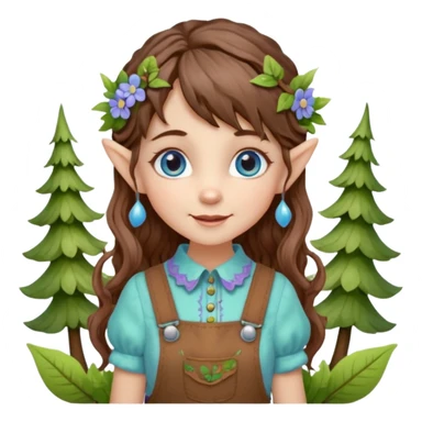 Kind happy whimsical quirky Girl toymaker, wood carving elf. Woodland nature creator. Blue eyes. brown hair (short — inch longer than chin length) wavy hair & bangs. Whimsical playful cute. Overalls with nature embroidered cute shirt collar. Light green, light purple and light blue colour aesthetic  sticker