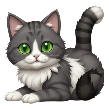 dark grey cat with green eyes, white toes/paws and white patch on her chest playfully rolling upside down sticker