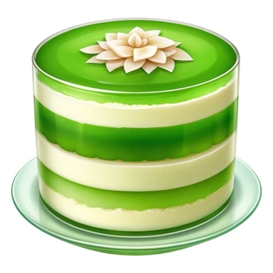 Coconut Pandan Jelly Cinematic Realistic Coconut Pandan Jelly Dessert Emoji, depicted as a layered jelly with distinct strata of coconut and pandan flavors, rendered with delicate textures and vibrant, tropical lighting. sticker