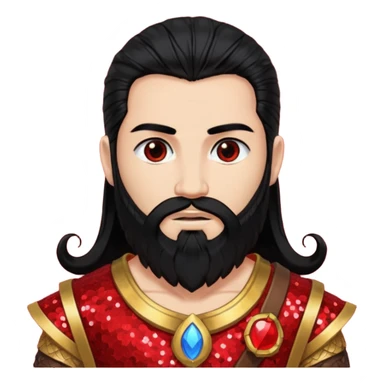 Mars, God of War from Gods and Goddesses with long black hair and beard, red and black sequin outfit, light tan skin sticker