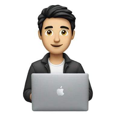 white man with black hair working macbook sticker