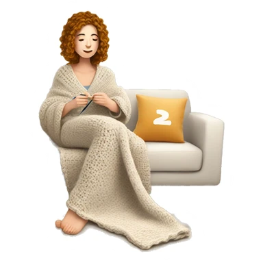 26 year old white woman with wavy hair. She is crocheting a garment with a crochet hook and ball of yarn is near her. She is laying on the couch, under a blanket that covers her body and legs. Near her there is a cup of tea sticker