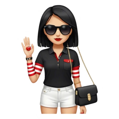 She wears a black Polo - shirt adorned with red - and - white stripes on the sleeves, paired with simple white shorts. Her long, jet - black hair, and the black sunglasses . With a black chain - strap bag slung across her body and accessories glinting on her wrist sticker
