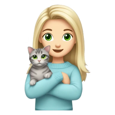 Blond chin lenght hair girl with middle part and green eyes in a light blue sweater holding a grey tabby cat with white paws and face sticker
