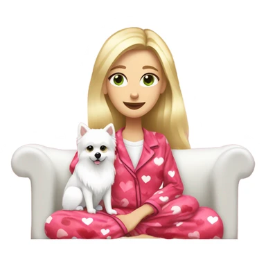 Woman, long length blonder hair, give her pretty green colored eyes, wearing red and pink hearts design on pajamas, lounging on a cozy couch with white fluffy pomeranian dog sticker