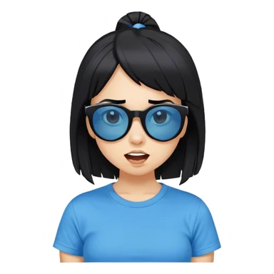 A girl with black bob hair with pony, wearing black sunglasses，funny(0.5) face (0.5)，wacky expression, a blue t-shirt. pony sticker