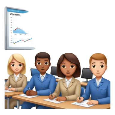 university classroom with students learning about operations management with charts and machinery sticker