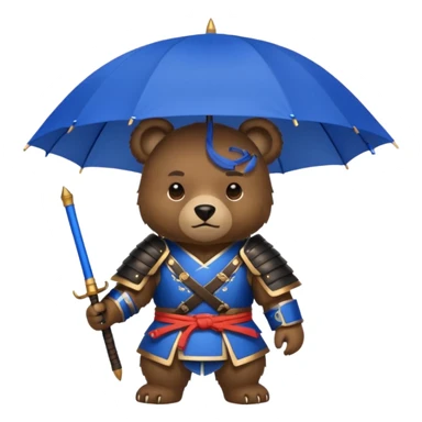 Bear with blue umbrella, wearing samurai sticker
