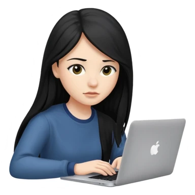 female student with black long hair working on a macbook laptop. sticker