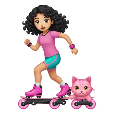 A Mexican girl with curly black long hair running from a pink cat on rollerblades sticker