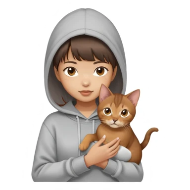 a asian girl with short brown hair and bangs holding an Abyssinian cat， wearing grey hoodie sticker