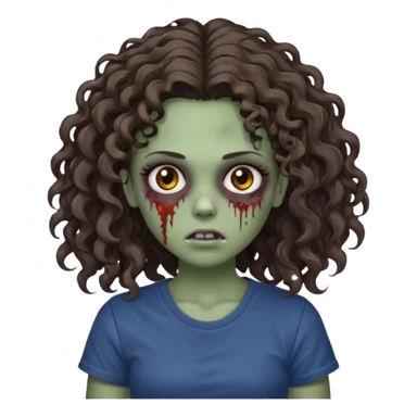 zombie girl with curly hair n brown eyes, dark and long hair 3a with wavy scalp, just a tshirt sticker