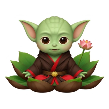 Baby Yoda con su tunica chocolate oscuro sentado dentro de una flor de loto estilo chino algunos contrastes en rojo sticker