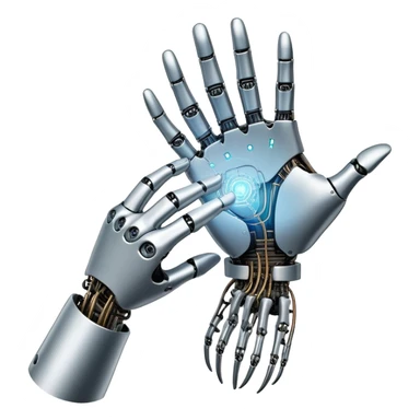 An icon inspired by Da Vinci’s 'The Creation of Adam', featuring a robotic hand reaching out to touch a human hand, symbolizing artificial intelligence. The design includes neural networks, glowing circuits, and a holographic brain. Transparent background sticker