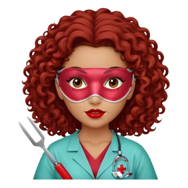 Lilith symbol seductress evil surgeon. curly, long hair. brown hair. Red surgical mask and hair covering. She works for cartel and kills  with a scalpel. sticker