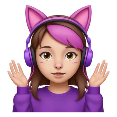 une fille avec des écouteurs de chat rose et des cheveux brun qui fais une grimasse chandaille mauve sticker
