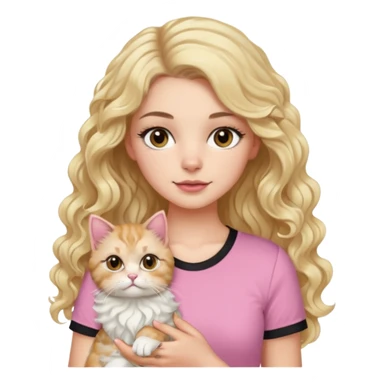 a white girl, she has beautiful brown eyes with curly eyelashes, and long black wavy hair down, wearing a pink short-sleeved shirt, holding a blonde Persian cat. sticker