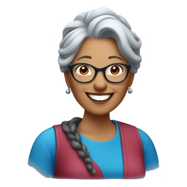 A laughing gray-haired woman with a long braid over one shoulder in a blue scoop-necked shirt with blue glasses perched on her head. Her lipstick is red sticker