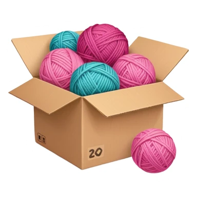 cardboard box with toys, ball of yarn, pink sticker