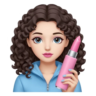 A girl with long dark brown hair styled in loose 36mm curls, round-almond Douyin-style eyes with long curled lashes, cool-tone neutral makeup. She’s wearing a light-blue athletic outfit and holding a normal-size pink lipstick (not oversized) in one hand. sticker