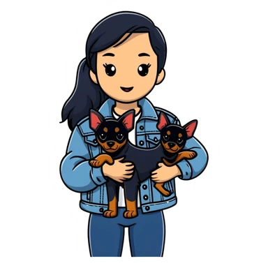 girl in denim jacket holding a Doberman dog sticker
