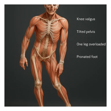 Hyperrealistic 4K anatomical view of a man in a similar position to the reference image. Highlight knee valgus, tilted pelvis, one leg overloaded, and pronated foot. Show bones, joints, and muscles in transparency with realistic anatomical details and a medical atmosphere. Variant 1. sticker