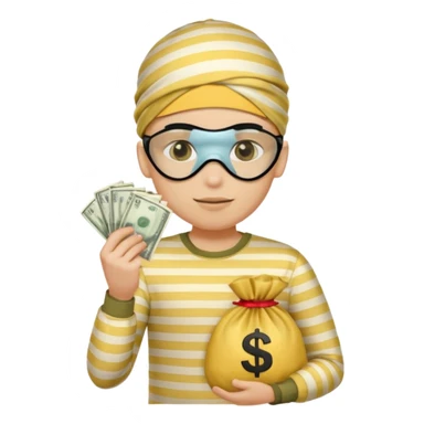 Yellow male with striped shirt holding a money bag with eye mask sticker