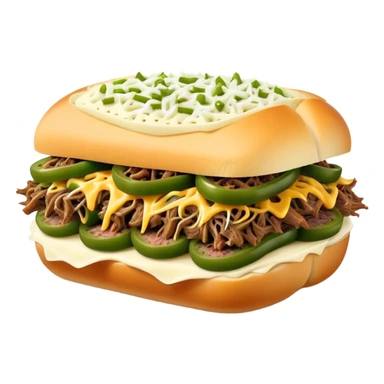 Chicago Italian cheesy beef sandwich. Italian bread, shredded beef, white provolone cheese, green peppers. sticker