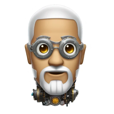 Tan bald male Latino cyborg head with grey beard, silver steampunk monocle goggles and circuits sticker