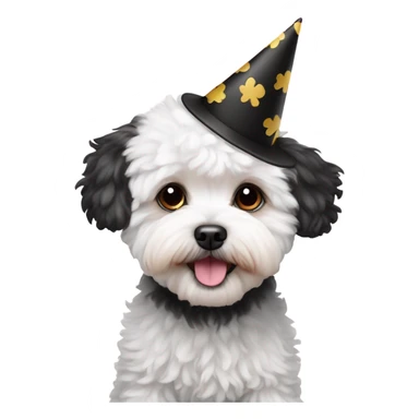 White and black Maltipoo wearing birthday hat sticker