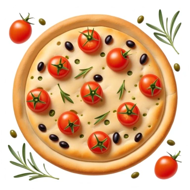 cinematic-realistic-focaccia-bread-dish-emoji,-depicted-as-a-golden,-olive-oil-brushed-flatbread-sprinkled-with-herbs-rendered-with-lifelike-texture-and-soft,-appetizing-lighting showing olives on top and the cherry tomatoes sticker