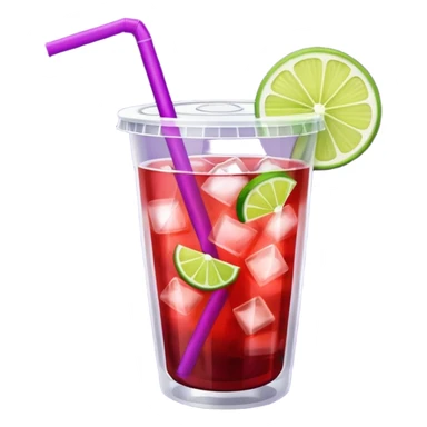 maroon purple cocktail with a lime wedge in the drink in a plastic cup with lid and straw  sticker