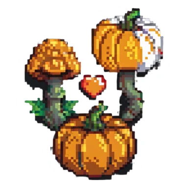 heart with a mushroom on one side and a pumpkin on the other, pixel art style sticker