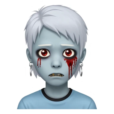 Create a 3D emoji-style avatar with very pale blue-grey zombie skin like the reference image, a young Asian face, and large eyes with blood tears. Give it white mullet-style hair, silver hoop earrings, and a simple black T-shirt. The expression should be neutral or slightly angry sticker