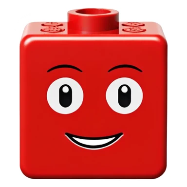 A single red Lego-style brick with a cute smiling face sticker