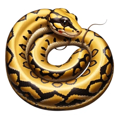 A photo-realistic top-down view of a Ball Python gently coiled into a tight spiral, with its head resting peacefully at the center. The pattern flows smoothly around the curves of its body, emphasizing its natural camouflage and calm demeanor. sticker