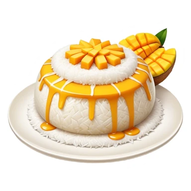 Mango Sticky Rice Cinematic Realistic Mango Sticky Rice Dessert Emoji, depicted as sticky rice drizzled with coconut milk topped with a layer of coconut cream, accompanied by sliced mango on the side of the plate, rendered with vivid textures and warm, tropical lighting. sticker