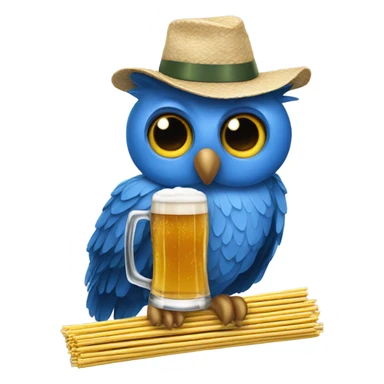 Blue owl wearing a hat that has straws you can put beer in and drink sticker