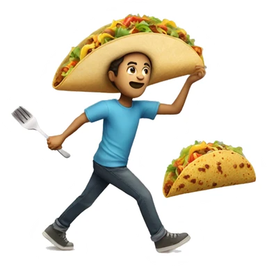 A boy with fork and knife chasing a life sized taco sticker